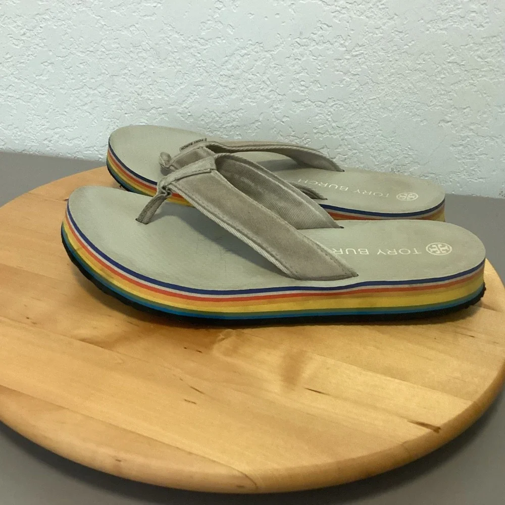 Tory Burch 70s Low Platform Flip‎ Flops Womens 10 Tan Rainbow Stripe S Flatform